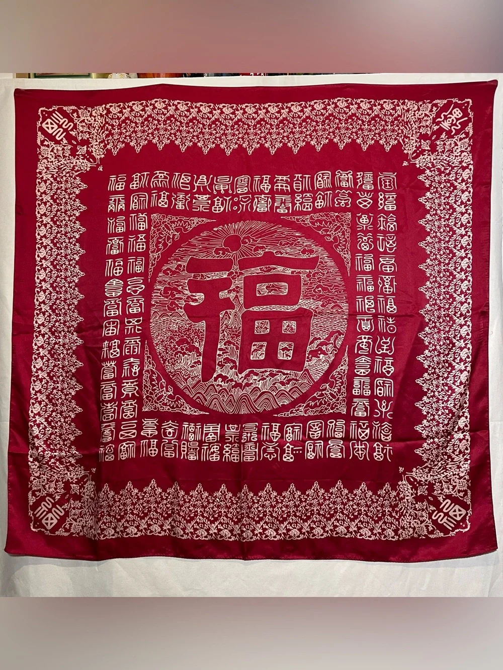 Vintage Red Silk Chinese 100 Fu Blessing Fortune Square Scarf Wall Hanging 40x40